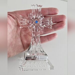 Lenox Faceted Lead Crystal Cross Box with Blue Gem Accent Made In Czech Republic